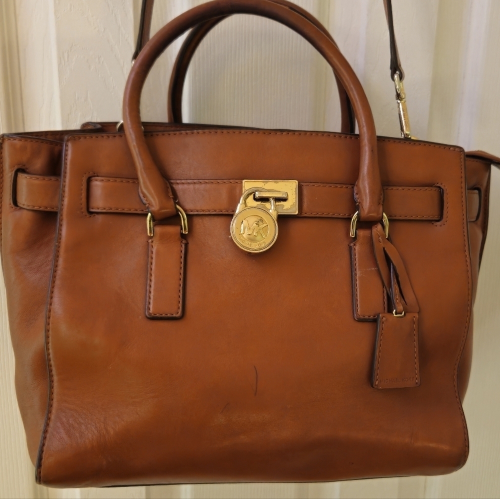 Michael Kors Hamilton Brown Leather Satchel with Gold Accents